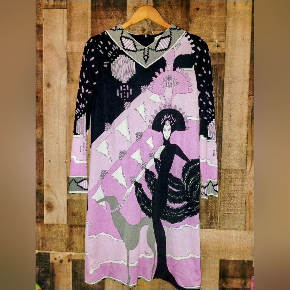 Vintage Gene Berk Paganne Dress Signed MOD 70s Midi Purple Black Rare Size 14